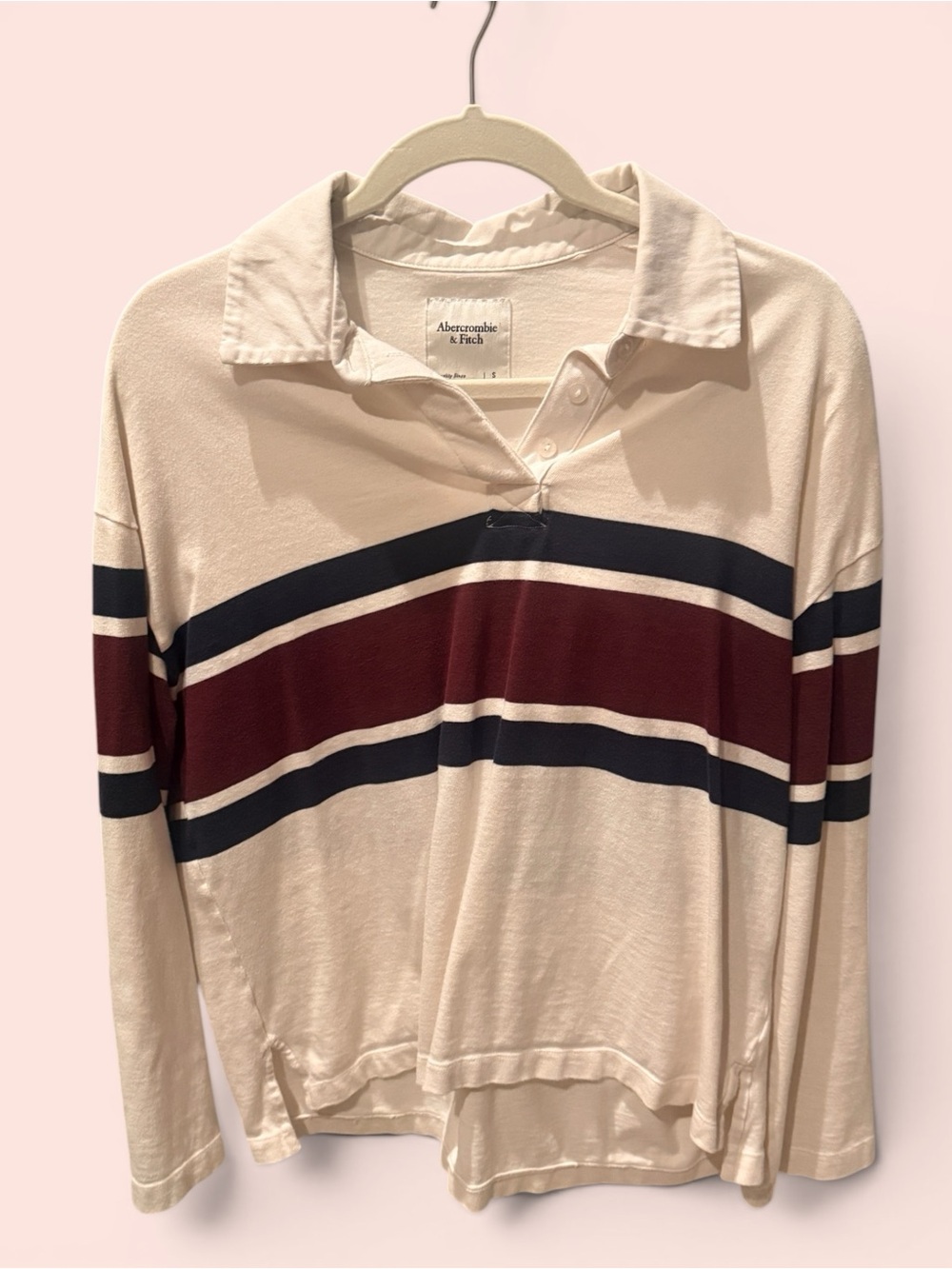 Abercrombie & Fitch Cream Rugby Shirt with Navy & Burgundy Stripes